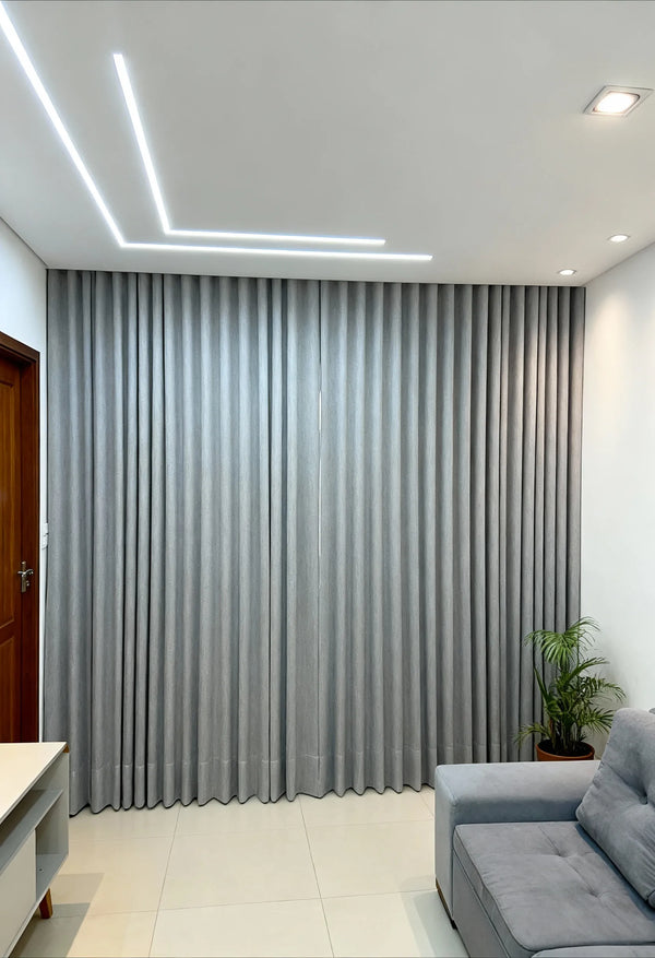 Cortina Linho Cinza com Blackout 70% – Prega Wave